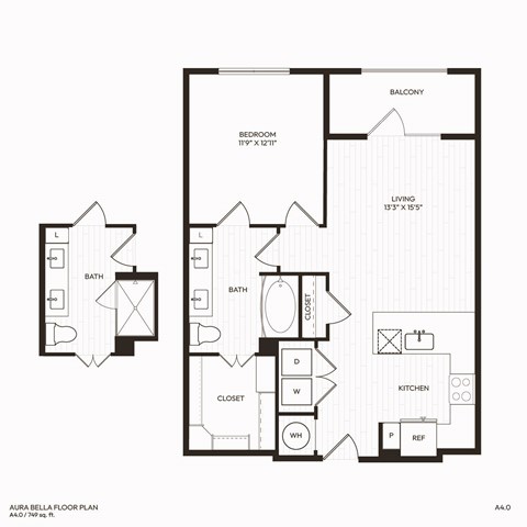 Floor plan for 1 bed, 1 bath, 749 sqft